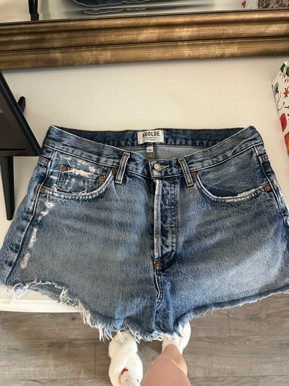 Agolde Distressed Light Blue High-Rise Denim Cutoff Shorts